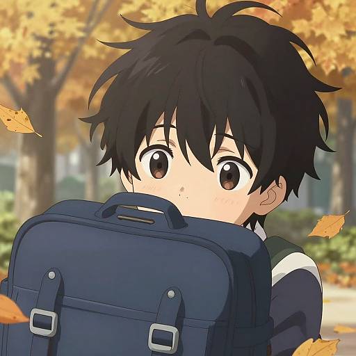 Anime-style drawing of a black-haired boy with large brown eyes, holding a blue backpack, surrounded by autumn leaves and yellow trees.