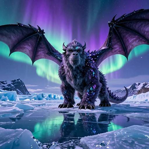 Digital artwork of a dark, spiky dragon-wolf hybrid with large wings standing on icy terrain under vibrant purple and blue auroras.