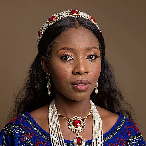 Photograph of a dark-skinned woman with long black hair, wearing a jeweled headpiece, red gemstone necklace, earrings, and blue embroidered