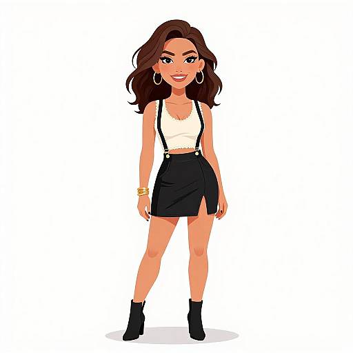 Digital illustration of a confident, smiling woman with wavy brown hair, wearing a white tank top, black skirt, suspenders, black boots, hoop