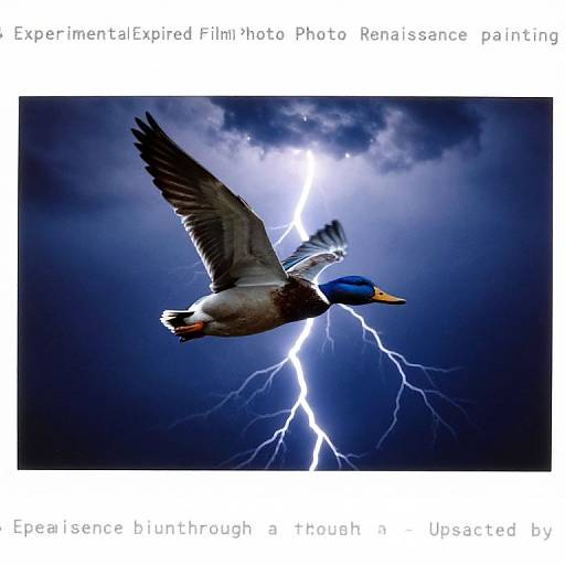 Digital artwork of a vibrant blue and green duck flying through a dark, stormy sky with intense white lightning bolts. Text overlay reads 