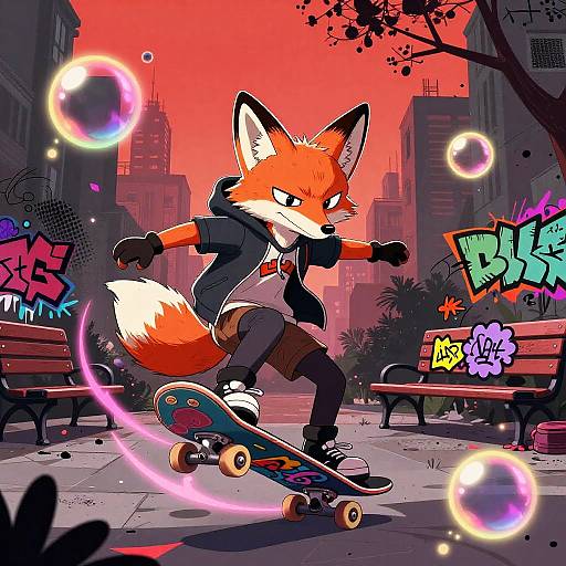 Anthropomorphic fox skateboarding in urban graffiti-laden park at sunset, wearing black hoodie and brown shorts, surrounded by glowing bubbles. Digital art.
