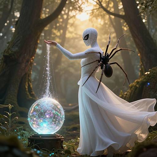 Photograph of a white-clad, masked figure with a spider on its back, pouring a glowing liquid from a hand into a shimmering crystal ball