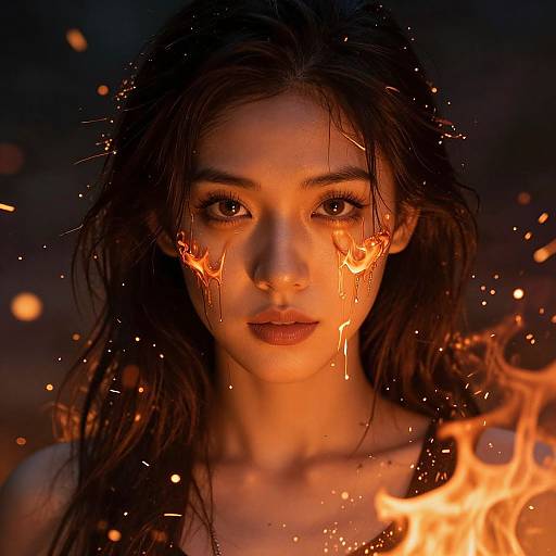 Photograph of an Asian woman with wet, dark hair, illuminated by fiery orange light, with flames and sparks on her face.