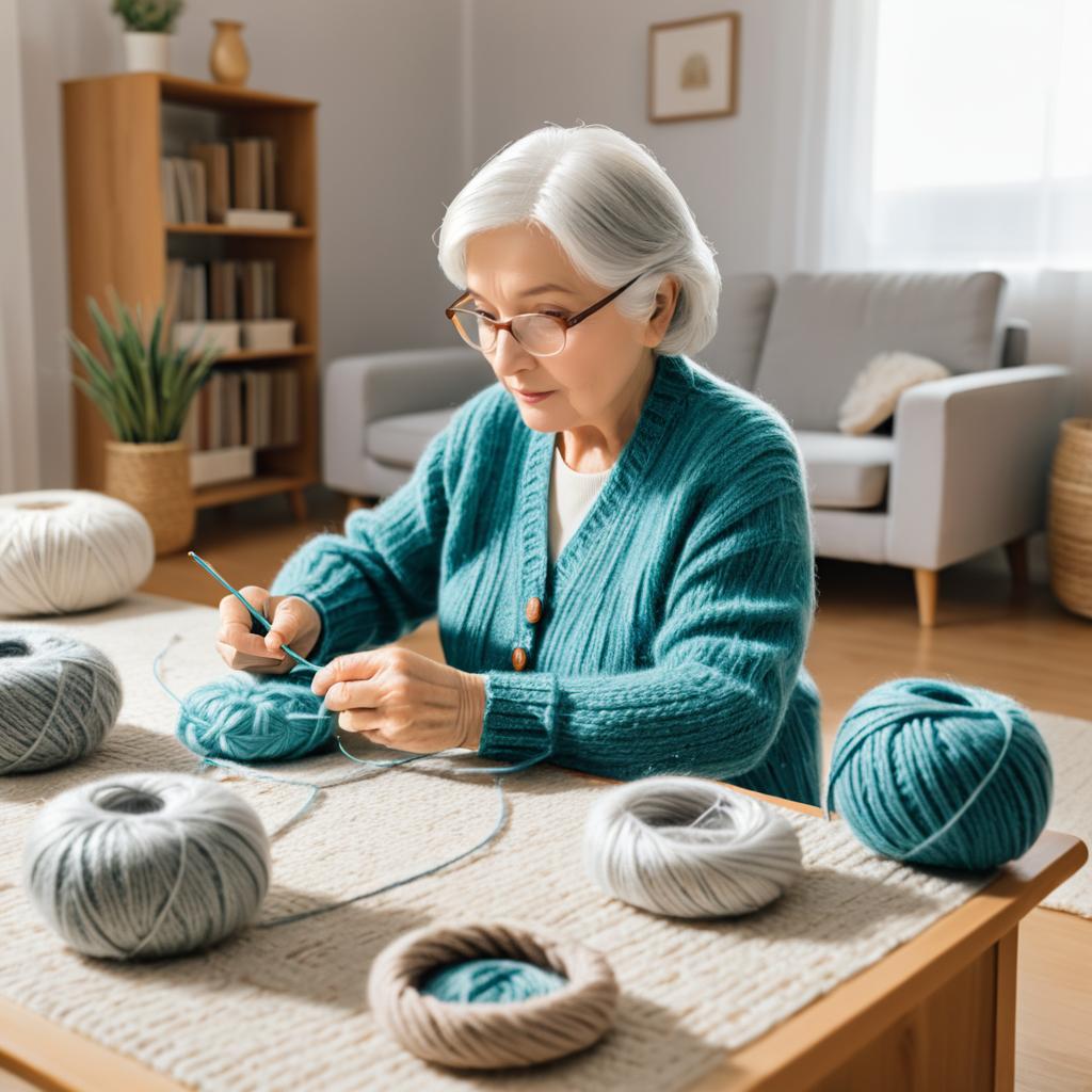 Elderly Woman Knitting in 2027 Living Room