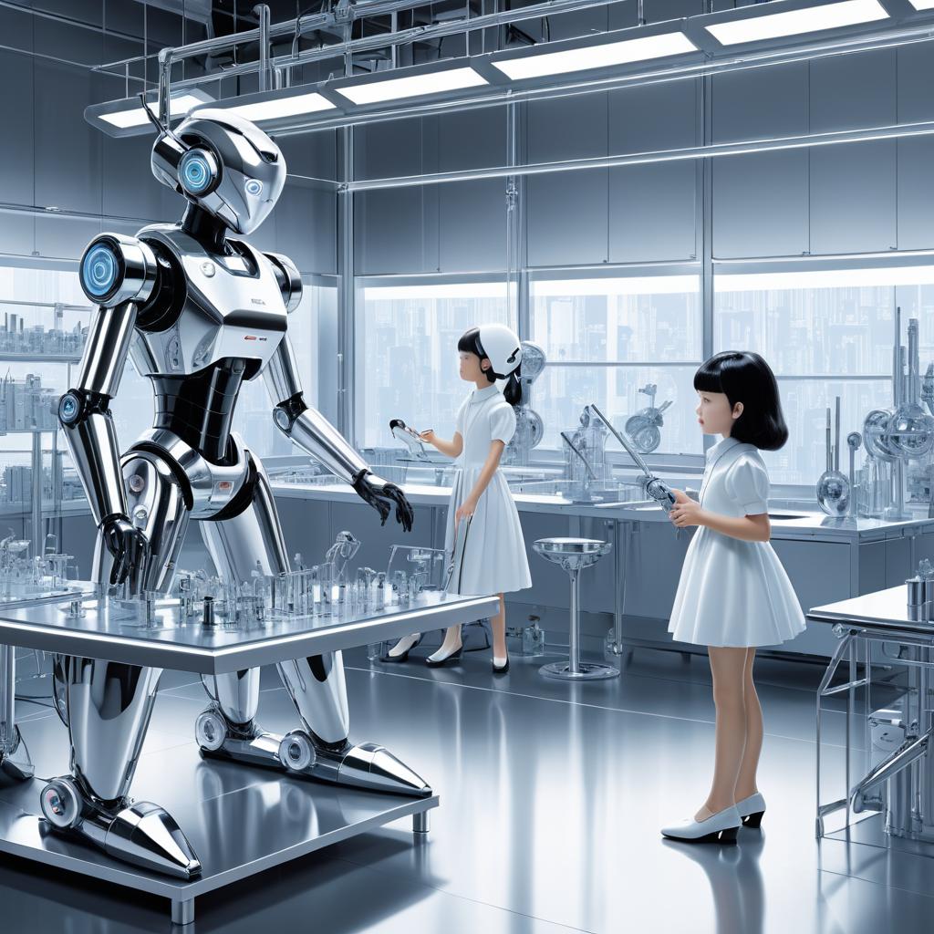 Clever Robot and Girl in High-Tech Lab