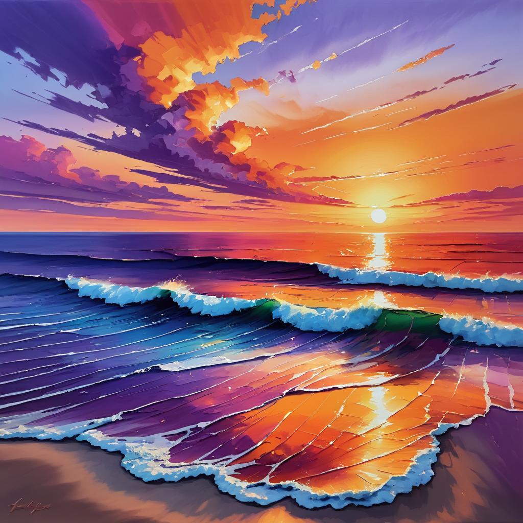 Vivid Sunset Over Ocean in Oil Painting