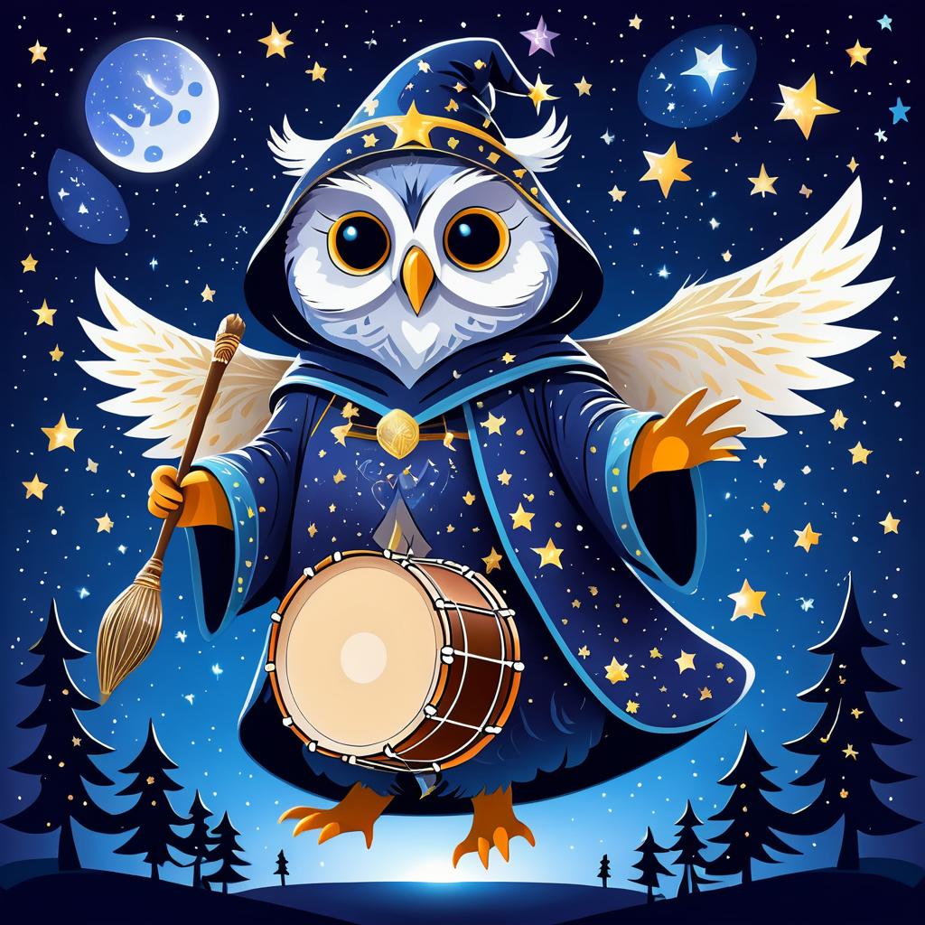 Owl Drummer Under Starry Night Sky