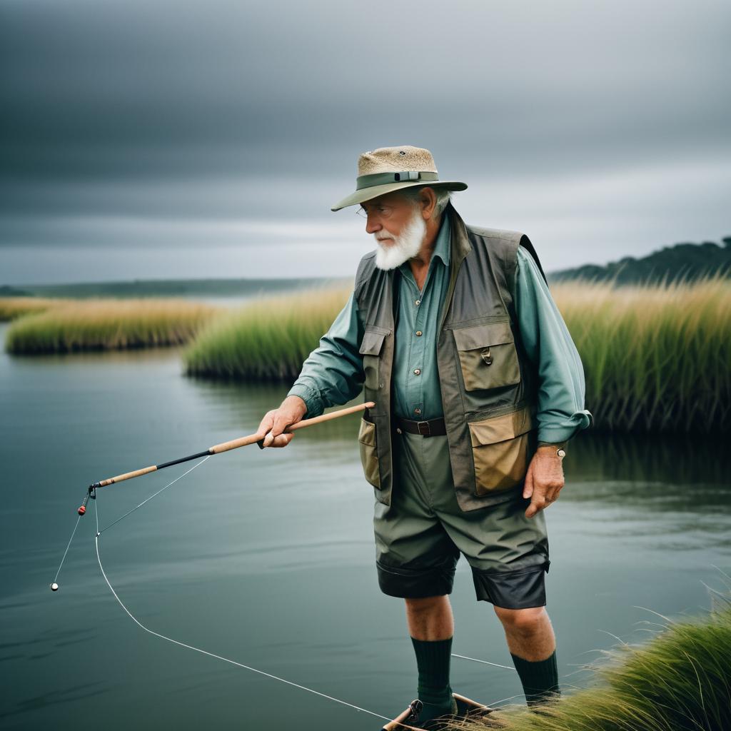 Elderly Fisherman in Moody Atmosphere