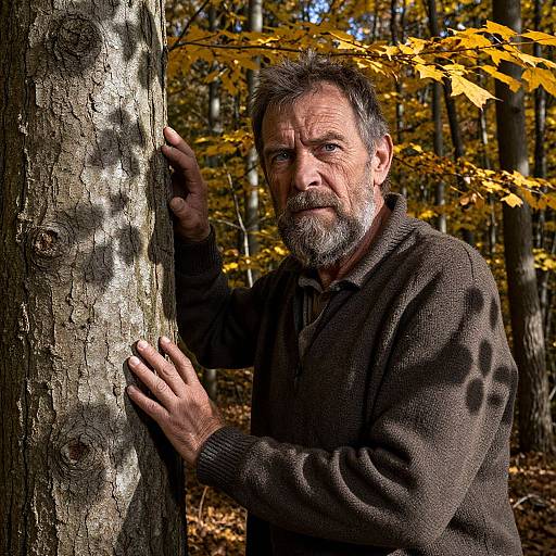 Middle-aged man with graying beard and brown sweater, standing in autumn forest, holding tree, yellow leaves in background, shadows on his face. Photograph