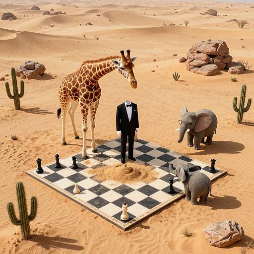 Photorealistic CGI: Giraffe, suited human head, rhinos, chessboard in desert with cacti and rocks, chess pieces scattered around