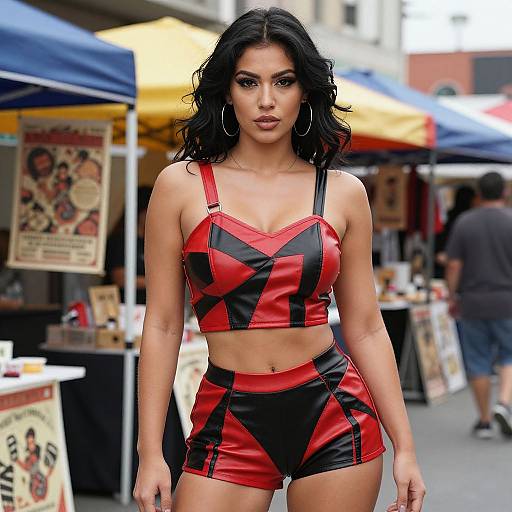Photograph of a stunning Latina woman with wavy black hair, wearing a red and black geometric crop top and shorts, standing confidently on a bustling street