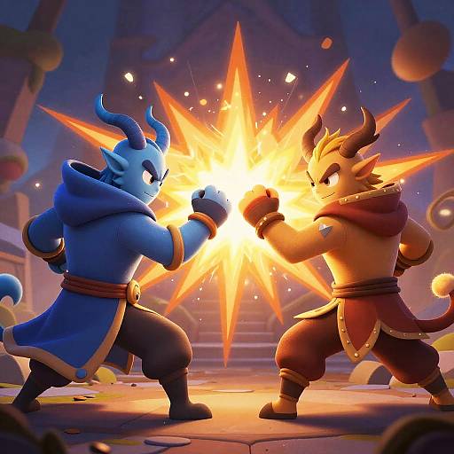 CGI image of two blue and orange horned, anthropomorphic fighters in a medieval arena, clashing fists to create a bright, starburst explosion