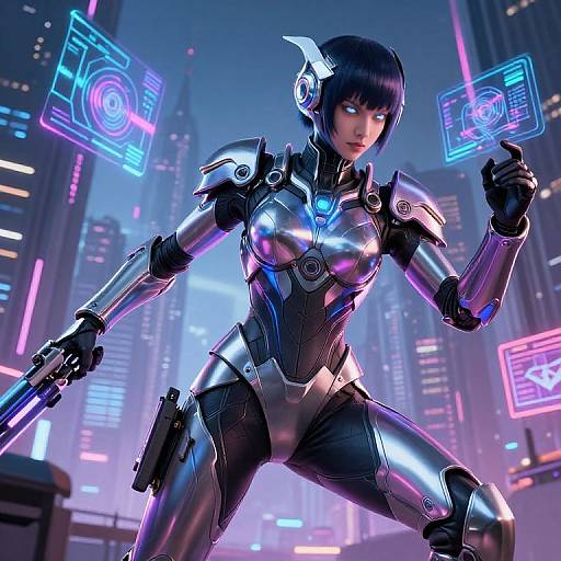 CGI cyberpunk scene of a metallic-armored female cyborg with glowing blue eyes, holding a gun, surrounded by neon-lit cityscape.
