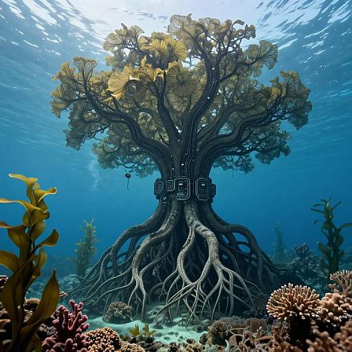 Photograph of an underwater scene featuring a giant, root-bound tree with yellow leaves, surrounded by coral and seaweed, bathed in blue ocean light