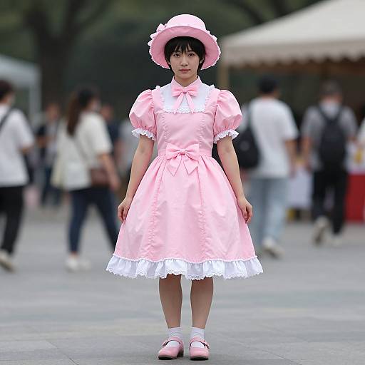 Photograph of an Asian woman in a pink, puffed-sleeve, lace-trimmed dress and matching hat, standing in a bustling outdoor