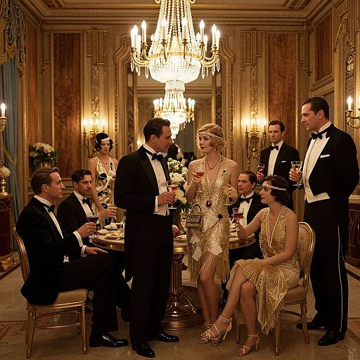Photograph of elegant 1930s-style party: men in black tuxedos, women in gold dresses, champagne glasses, chandelier-l