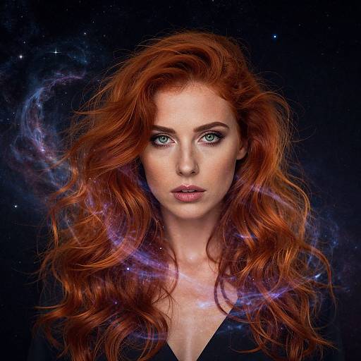 Digital portrait of a fair-skinned, red-haired woman with wavy hair, blue eyes, and a starry, cosmic background. Her expression is