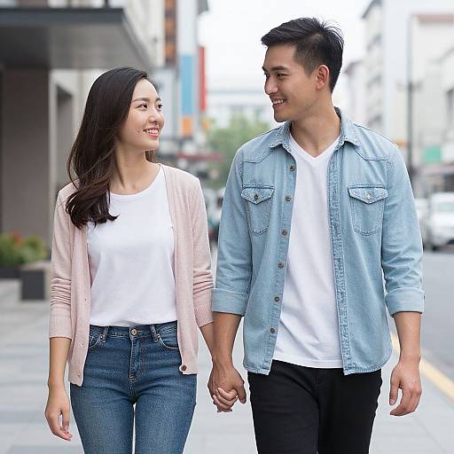 Photograph of a smiling Asian couple holding hands, walking on a city street. She wears a pink cardigan and jeans, he wears a light blue