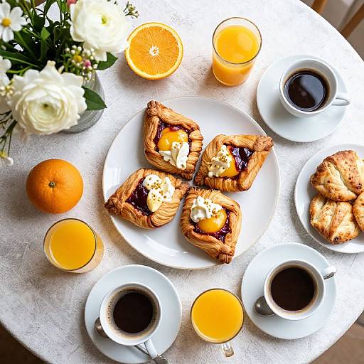 Top-down photo of breakfast: flaky pastries with jam and cream on a plate, four cups of black coffee, four glasses of orange juice,