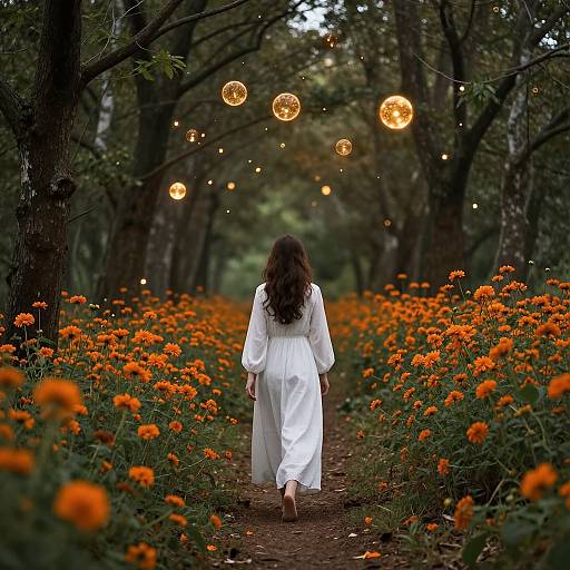 Photograph of a woman in a white dress walking down a forest path lined with orange marigolds, with glowing spherical lights hanging above.