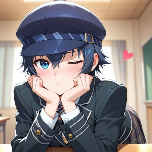 Cute Schoolgirl with Blue Hair and Hat