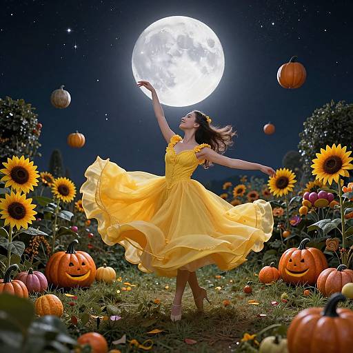 Photograph of a dancing woman in a flowing yellow dress under a full moon, surrounded by sunflowers, pumpkins, and floating gourds in
