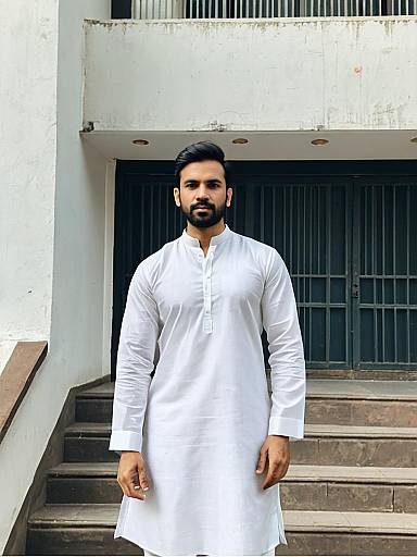 Man in White Kurta Standing by Building