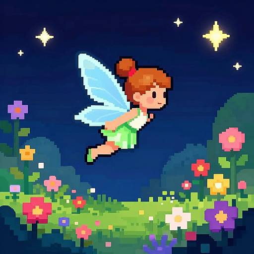 Pixel art of a red-haired fairy with blue wings flying over a vibrant flower field under a starry night sky.