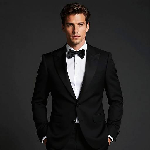 Photograph of a handsome, fair-skinned man with dark brown hair, wearing a black tuxedo, white shirt, and black bow tie,