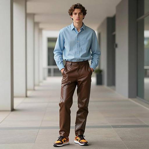 Young Man in Brown Pleather Pants and Light Blue Shirt