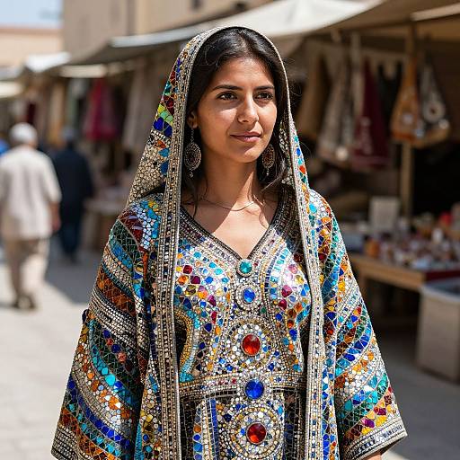 Photograph of a South Asian woman with dark hair, wearing a vibrant, intricately embroidered traditional dress with colorful patterns and a matching headscarf,