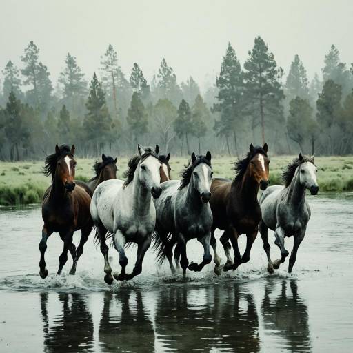 Wild Horses Galloping Through Pond