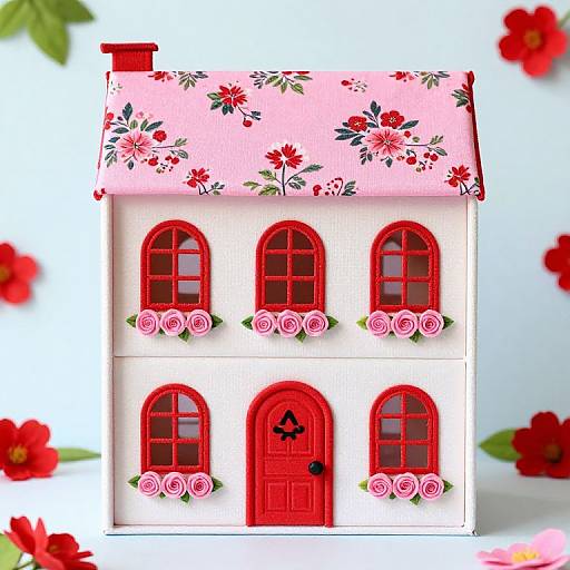 Digital illustration of a white two-story house with a pink floral roof, red windows, and doors, adorned with pink roses, set against a white background