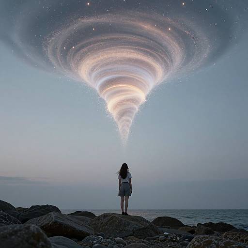 Photograph of a girl with long hair, wearing a white shirt and blue skirt, standing on rocky shore, gazing at a glowing, cosmic whirl