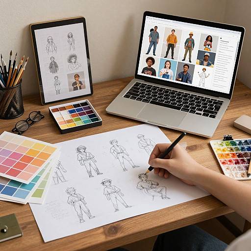 Photograph of a wooden desk with a laptop, tablet, sketchbook, colored palettes, pencils, and hand drawing anime characters. Hand holding pen