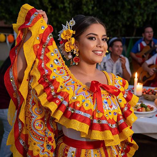 Photograph of a smiling Latina woman in vibrant yellow and red traditional Mexican dress with intricate embroidery, sparkling jewels, and orange flower hairpiece, holding her