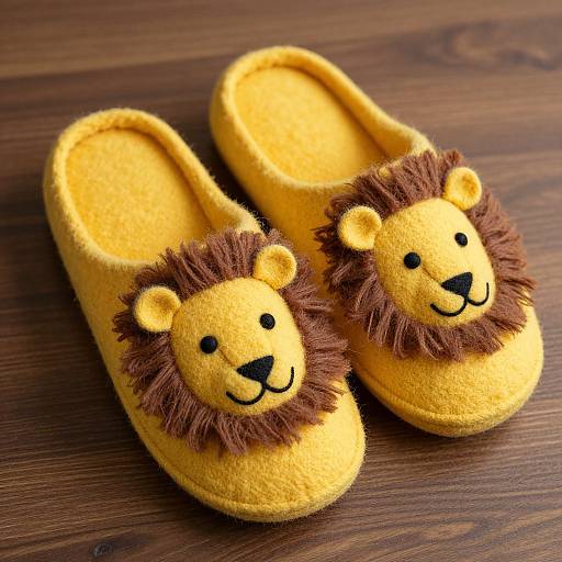 Photograph of yellow, plush lion slippers with brown mane and black eyes, set on a wooden floor. Cute and cozy.