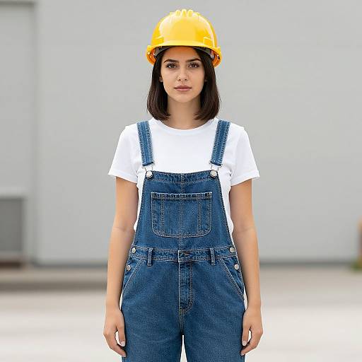 Photograph of a young woman with fair skin, dark straight hair, wearing a yellow hard hat, white t-shirt, and blue denim overalls,