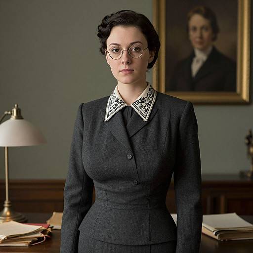 Photograph of a serious young woman with short black hair, glasses, and a dark tailored suit with white lace collar, standing in a vintage office with