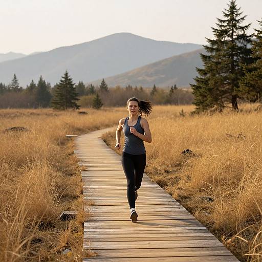Photograph of a woman in a blue tank top and black leggings running on a wooden path through golden grasslands, with mountains and pine trees in the