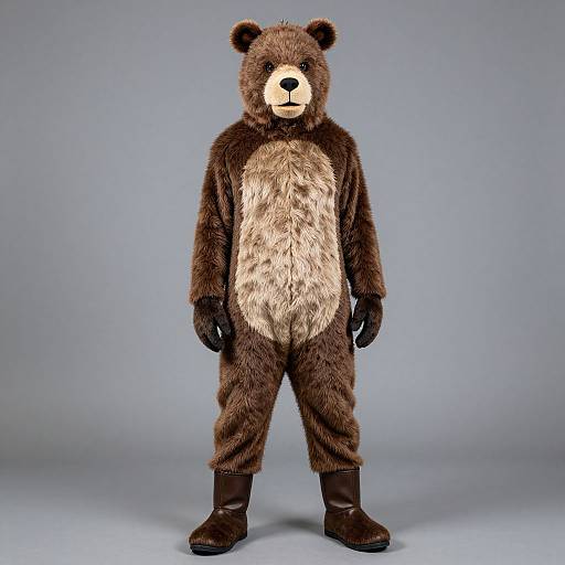 Photograph of a person standing in a full brown bear costume with a white chest, black gloves, and brown boots, against a blue-grey background.