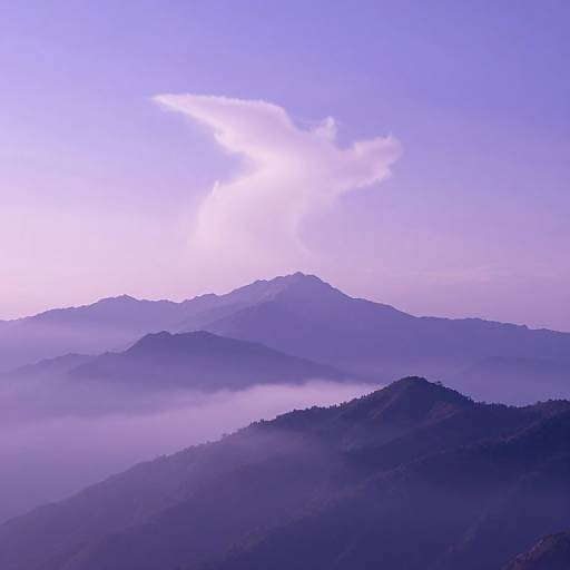 Photograph of misty purple-hued mountains under a bright, partly cloudy sky. Layers of hills fade into the distance, creating a serene, eth