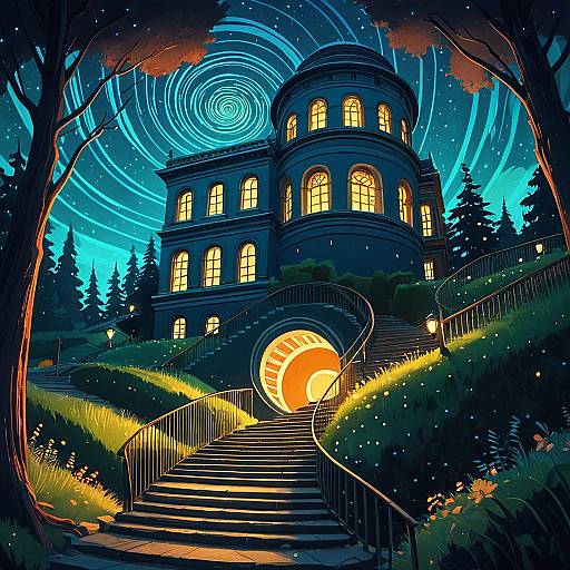 Nighttime Spiral Staircase by Illuminated Building