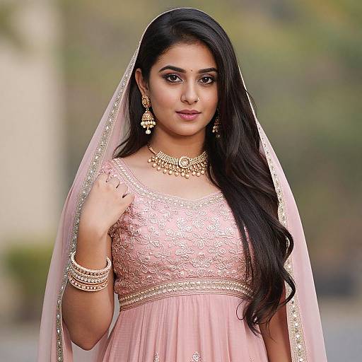Photograph of a beautiful Indian woman with long black hair, wearing a pink embroidered saree, gold jewelry, and a veil, standing outdoors with a