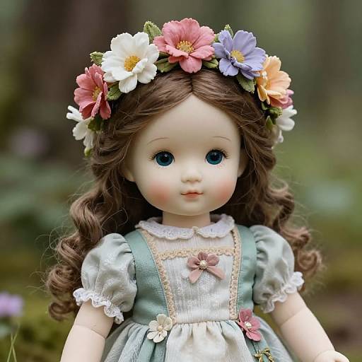 Photograph of a porcelain doll with blue eyes, brown wavy hair, flower crown, green dress with pink bow, and lace details, set in