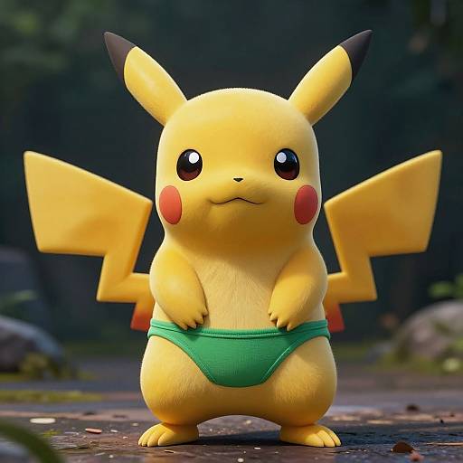 Digital CGI of Pikachu, yellow with black-tipped ears, red cheeks, and green underwear, standing on a forest floor, looking slightly confused.