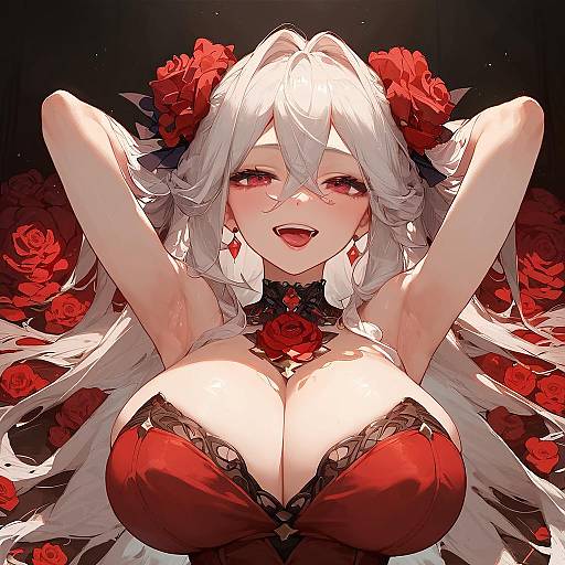 Anime Style Smiling Woman with Red Roses