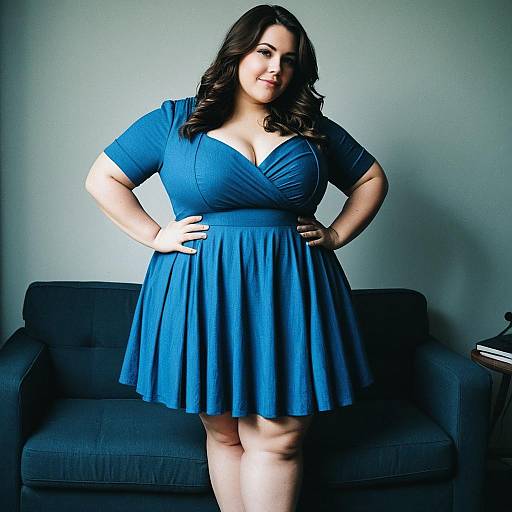 Photograph of a curvy woman with long dark hair, wearing a blue, V-neck, short-sleeve dress, standing confidently in front of