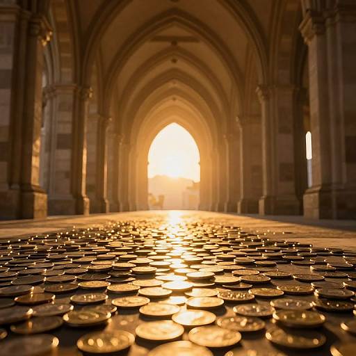 Photograph of a sunlit Gothic archway with golden coins scattered on the floor, reflecting sunlight, creating a warm, mystical atmosphere.